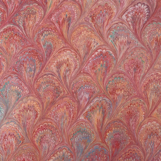 Hand Marbled Paper Peacock Pattern in Reds on Brown Paper ~ Berretti Marbled Arts